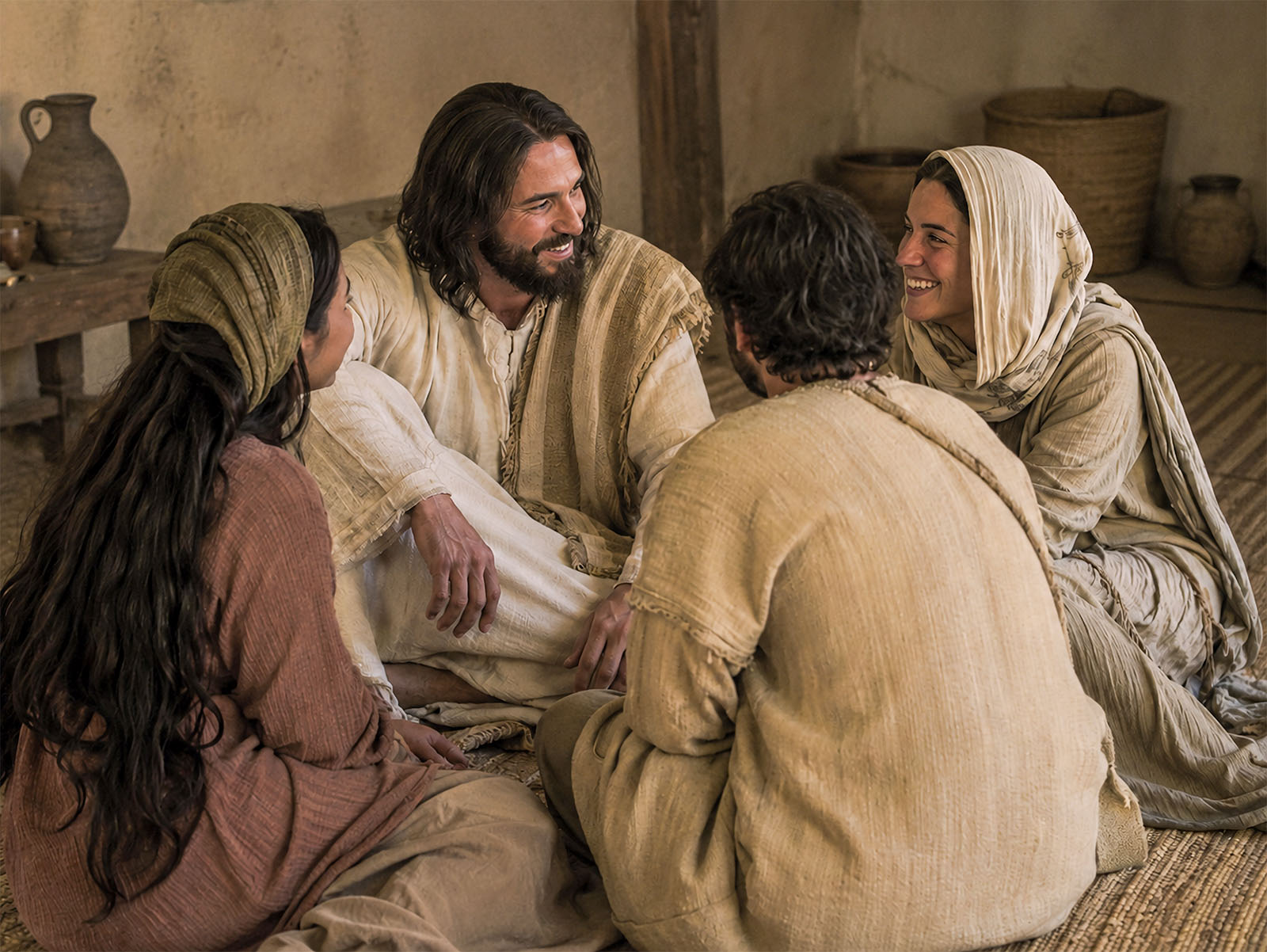 Jesus sits with Mary, Martha, and Lazarus in their home at Bethany.
